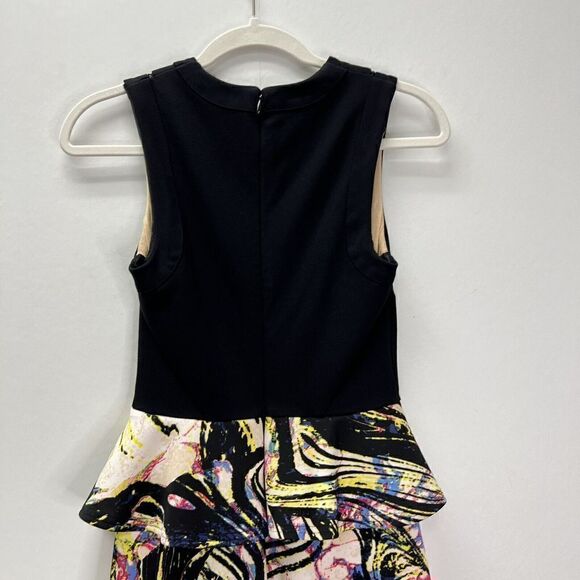Bebe Bodycon Peplum Lace Neoprene Bright Colorful Midi Dress Sleeveless Black XS - Picture 9 of 16